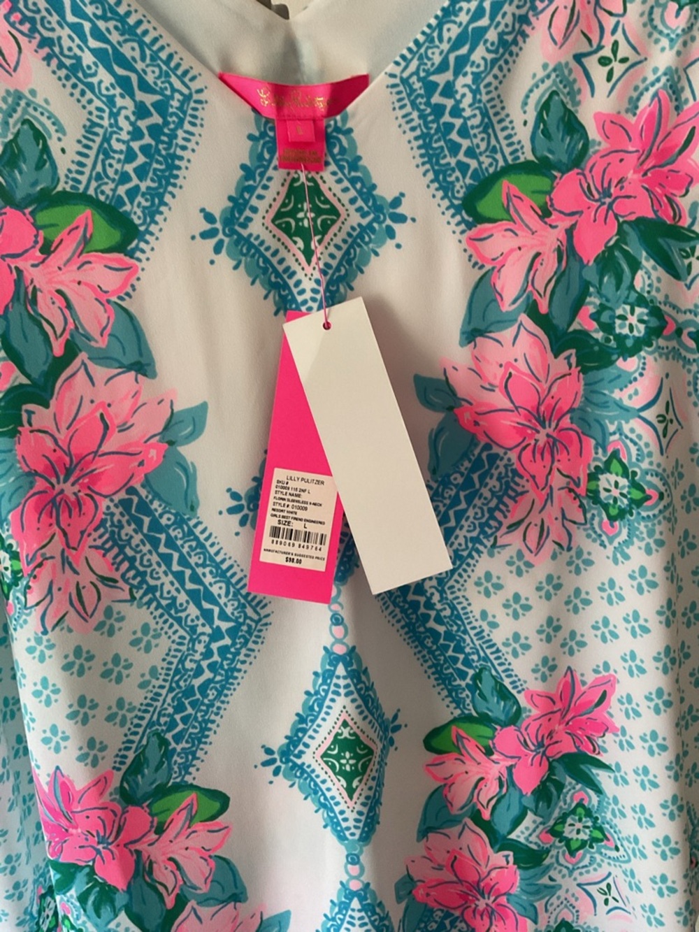 Lilly Pulitzer Sleeveless V-Neck Floral Print Tank Top in Pink & Blue - Picture 4 of 5